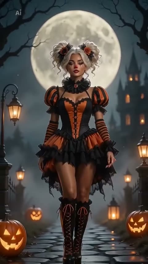 AI clown Halloween costume: from a black top to a clown queen in orange and black under a full moon