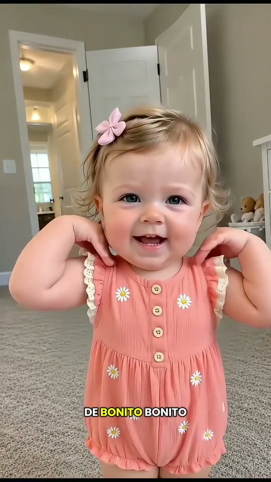 Bonito Bonito AI: three babies in a row, a boy in cream, a girl in a coral romper and a girl with a white bow, dance and laugh