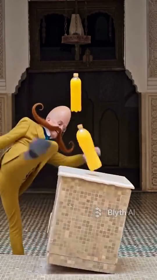 Bottle kick challenge AI: a cartoonish egg-headed man in a mustard suit kicks the top bottle off a stone pedestal