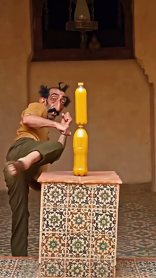 Bottle kick challenge AI: three different people try the spinning kick at stacked orange bottles