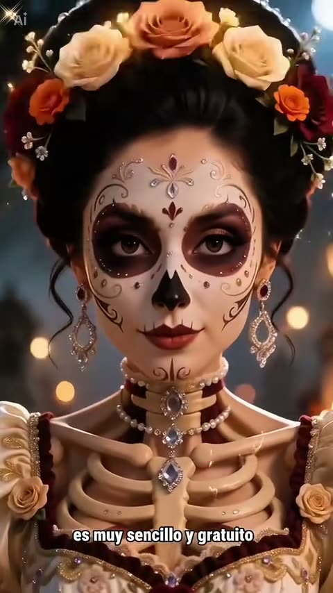 Catrina AI: a woman in everyday clothes walks through the marigolds and turns into La Catrina