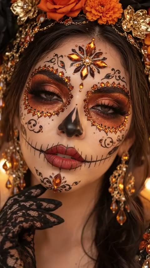 Catrina AI: a close-up of sugar-skull makeup with an orange marigold crown