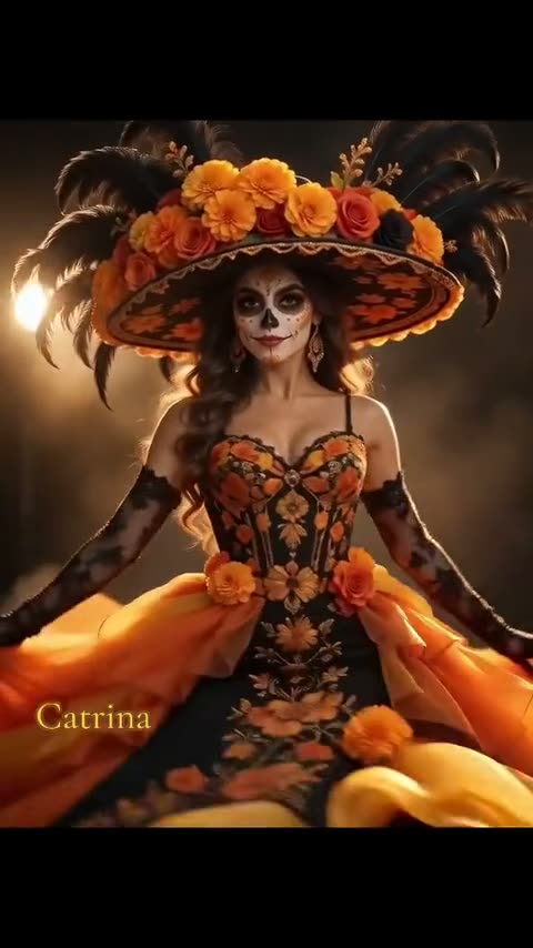 Catrina AI: a Catrina in a marigold-covered hat and a flowing orange gown