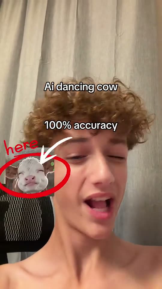 Shaking head trend: a curly-haired young man copies the calf's head shake next to a small clip of it