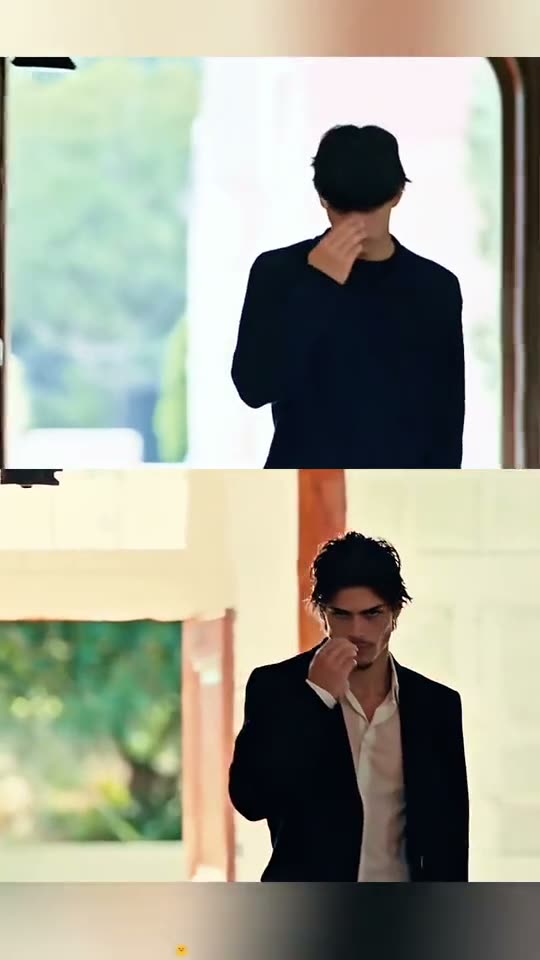 Damon Salvatore AI: two church scene remakes stacked, a young man in a navy sweater above and the black-blazer version below