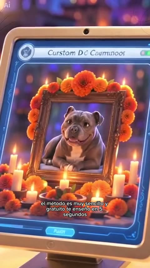 Day of the Dead pets AI: a bulldog's photo on the ofrenda as it walks in