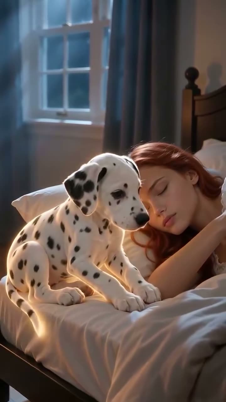 Day of the Dead pets AI: a Dalmatian comes home through a glowing door and curls up beside its owner