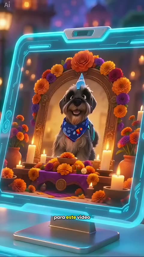 Day of the Dead pets AI: a little dog in a party hat crosses into the Land of the Dead