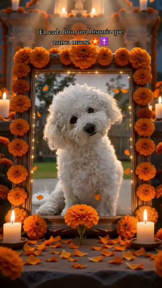 Día de Muertos AI: a marigold path leads to a candlelit ofrenda where a fluffy white dog appears in the marigold frame