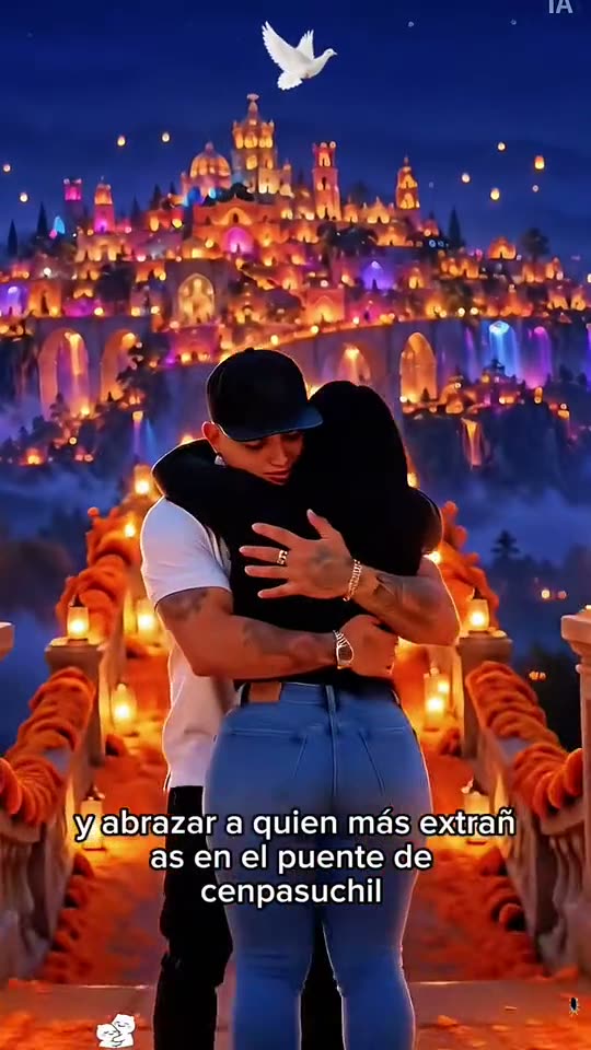 Día de Muertos AI: a young woman runs across the marigold bridge toward the glowing city of the dead and hugs the man waiting for her