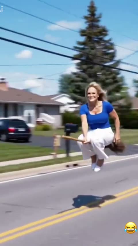 Flying broom AI crash: a woman in a blue top flies down the street into a sign
