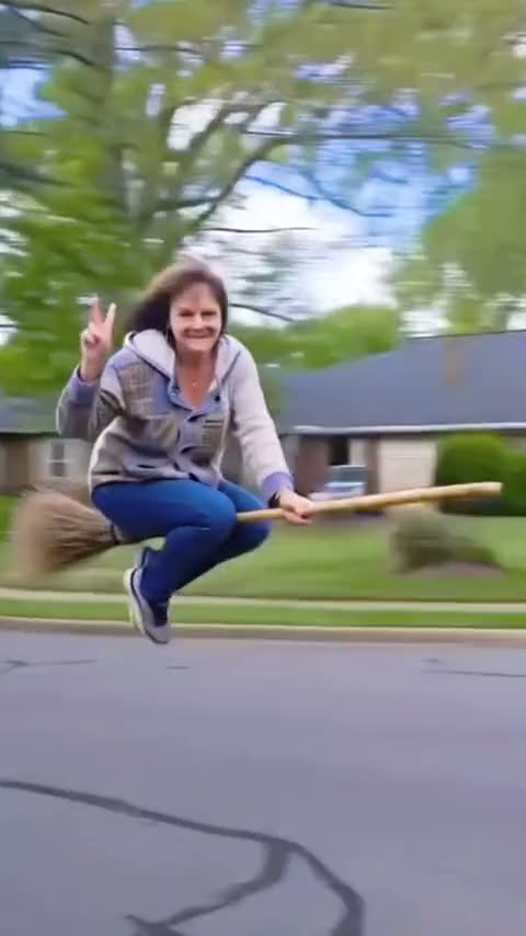 Flying broom AI crash: a woman waves from her broom, then hits a street sign