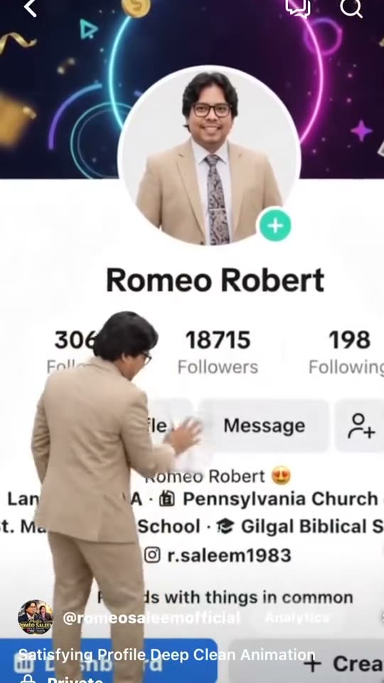 Profile cleaning AI: a man in a beige suit climbs down from his profile picture and dusts his profile page