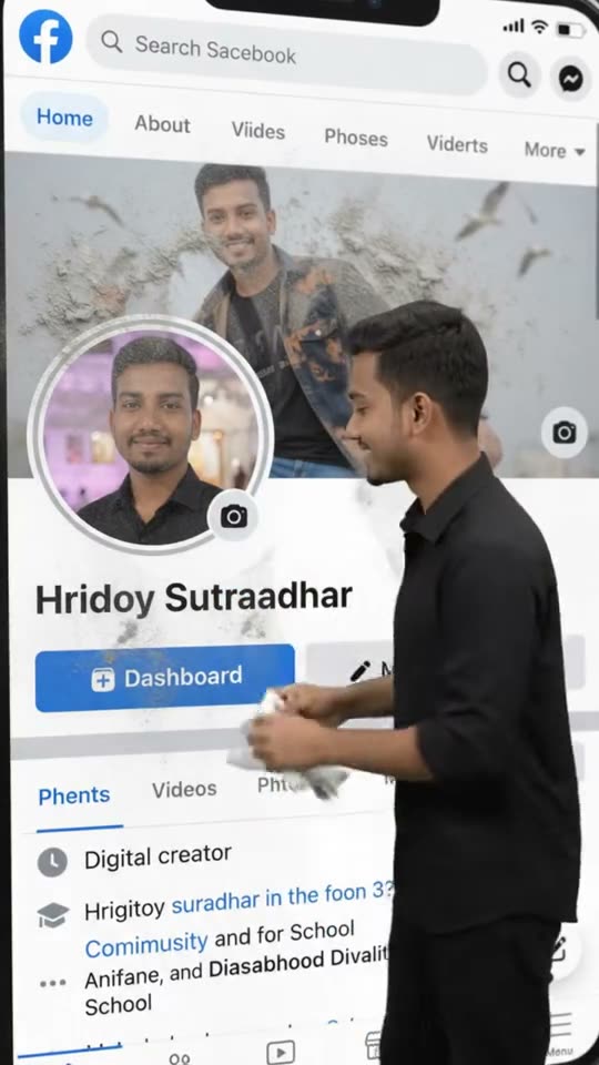 Profile cleaning AI: a young man in black jumps out of his Facebook cover photo and wipes the page with a white cloth