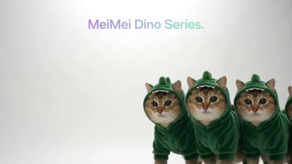 Mei Mei cat AI: a cat in a green dinosaur onesie is launched as the MeiMei Dino Series, a whole line-up in onesies