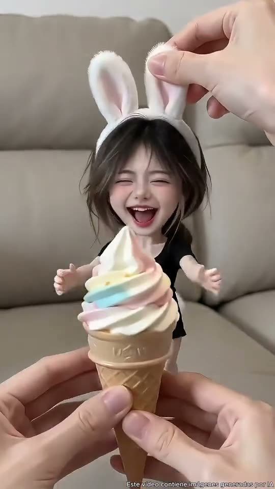 Mini Me AI: two tiny people in bunny ears crawl on a sofa and get fed an ice cream cone by a giant hand