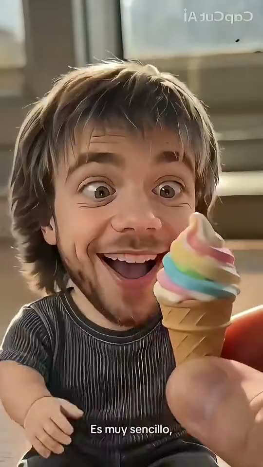 Mini Me AI: a tiny man in a suit and a tiny guy with shaggy hair eat ice cream cones held out by a giant hand
