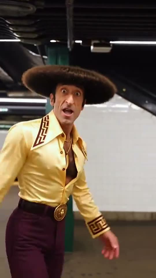 Phone on the train AI: a man in a sombrero and a gold shirt sticks his phone on the subway window and runs after the train