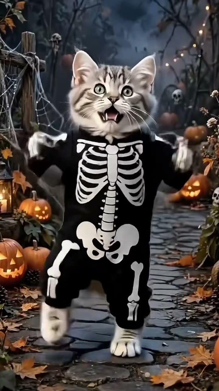 Spooky Scary Skeletons AI: a kitten in a skeleton bodysuit does the dance among pumpkins