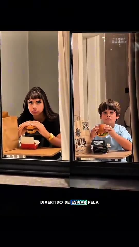 Window peeper AI: side by side, a young woman and a boy each eat a burger in their own lit window and dive for the curtains